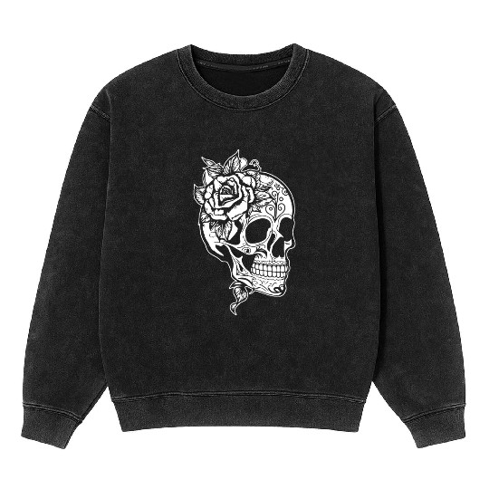 Skull Dia de los Muertos Halloween Tattoo Rose Mineral Wash Sweatshirts