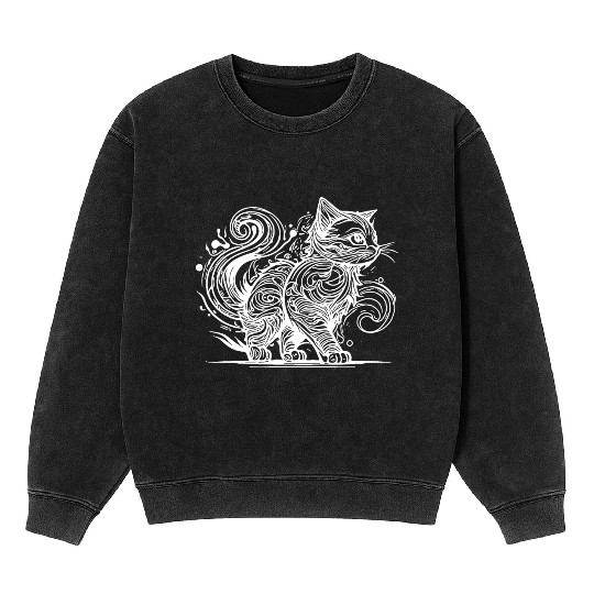 Clumsy Elegant House Cat In Tattoo Style Mineral Wash Sweatshirts
