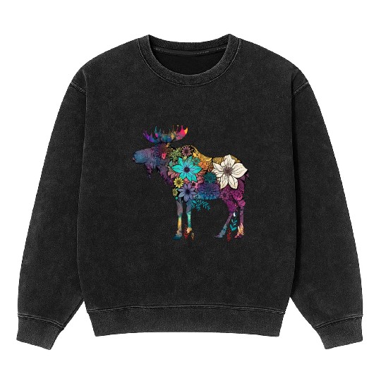 Floral Moose Elk Deer Wild Animal Watercolor Mineral Wash Sweatshirts