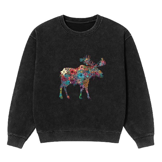 Floral Moose Elk Deer Wild Animal Watercolor 3 Mineral Wash Sweatshirts