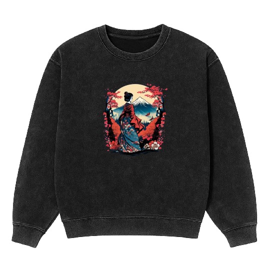 Mount Fuji Fujisan Fujiyama Floral Geisha Mineral Wash Sweatshirts