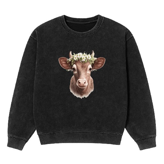 Baby Cow Calf Flower Crown Floral Farm Animal Pet Mineral Wash Sweatshirts