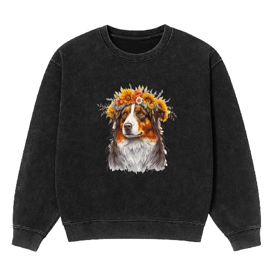 Australian Shepherd Flower Crown Pet Dog Breed Flo Mineral Wash Sweatshirts