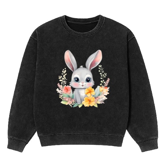 Grey Bunny Rabbit Watercolor Floral Mineral Wash Sweatshirts