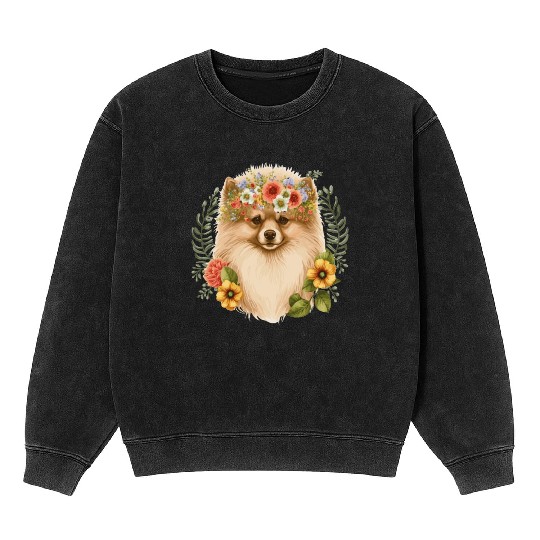 Cute Pomeranian Pom Flower Crown Pet Dog Breed Flo Mineral Wash Sweatshirts