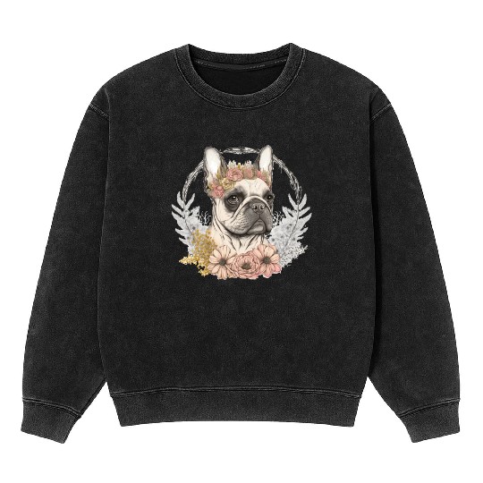 Cute French Bulldog Frenchie Flower Crown Pet Dog Mineral Wash Sweatshirts