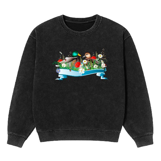 Pair of ducks in a lake with a spring-like shore Mineral Wash Sweatshirts