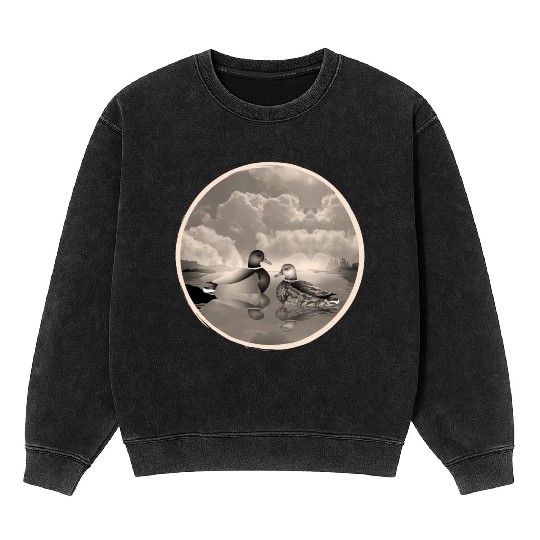 Duck couple in duck pond in nostalgic sepia Mineral Wash Sweatshirts