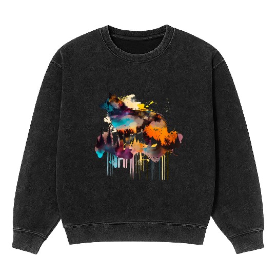 Mountain Wolf Multicolor Watercolor Portrait Mineral Wash Sweatshirts