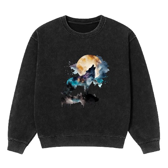 Mountain Wolf Multicolor Watercolor Portrait Mineral Wash Sweatshirts