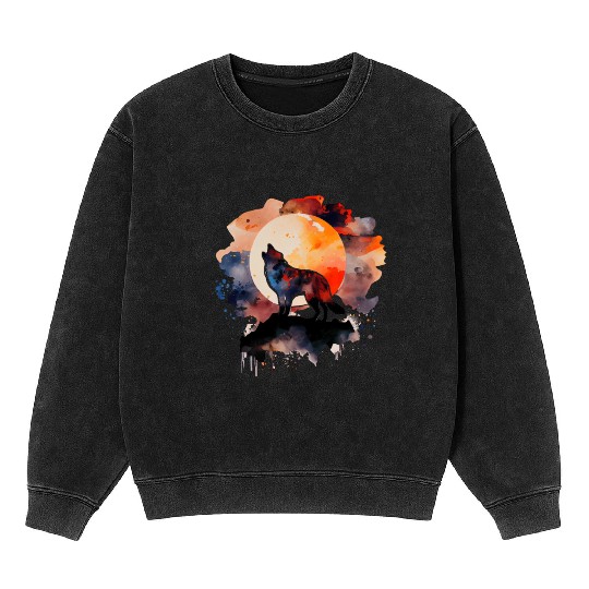 Wolf Howling at Moon Watercolor Mineral Wash Sweatshirts