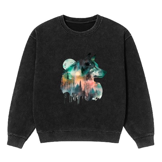 Forest Wolf Watercolor Portrait Mineral Wash Sweatshirts
