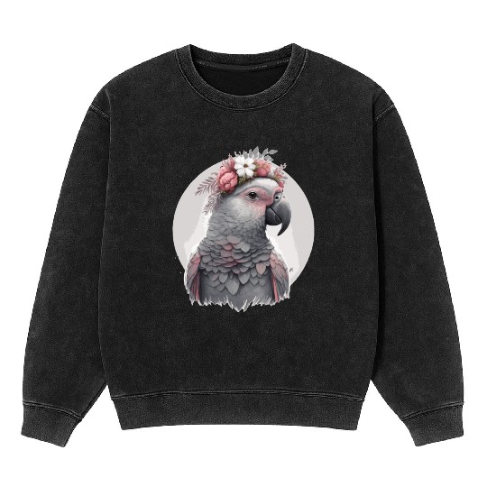 Cute Watercolor African Gray Parrot Bird Flower Cr Mineral Wash Sweatshirts