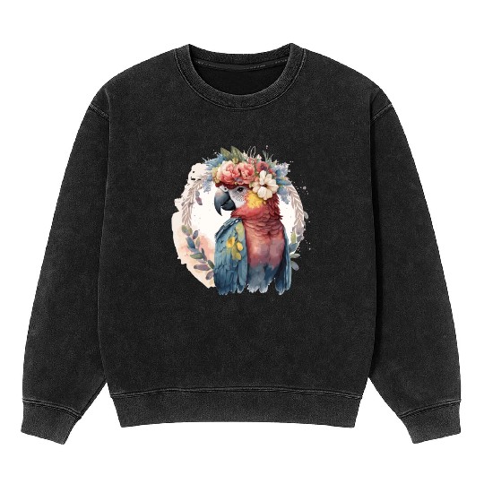 Watercolor Parrot Macaw Bird Flower Crown Pet Bird Mineral Wash Sweatshirts