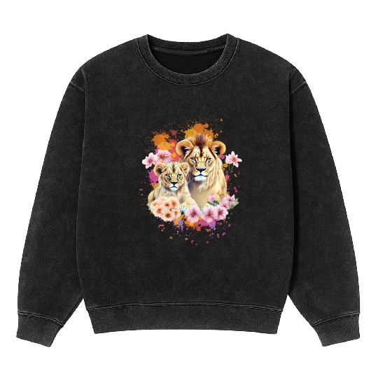 Lion Mom & Son Cubs with Flower Watercolor Mineral Wash Sweatshirts