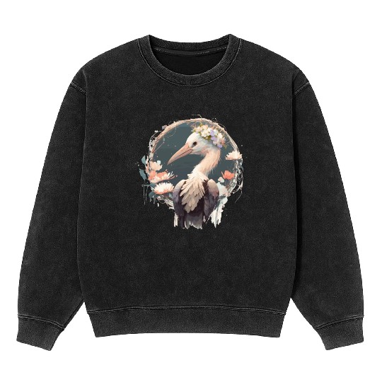 Cute Stork Bird Flower Crown Floral Birds Mineral Wash Sweatshirts