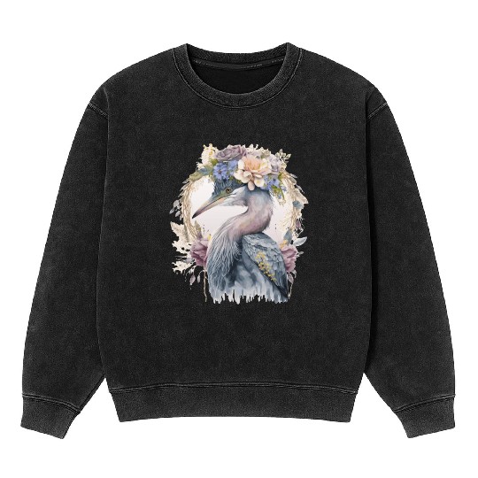 Watercolor Heron Freshwater Bird Watching Flower C Mineral Wash Sweatshirts