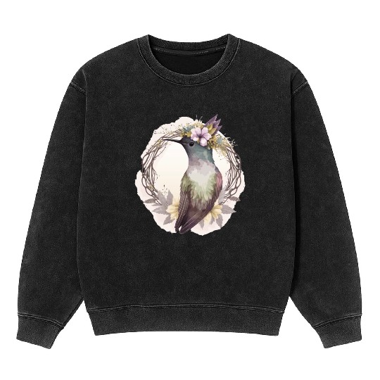 Watercolor Hummingbird Flower Crown Floral Birds Mineral Wash Sweatshirts