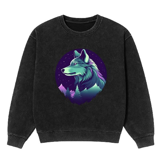 Starry Night Wolf With Northern Light Colors Mineral Wash Sweatshirts