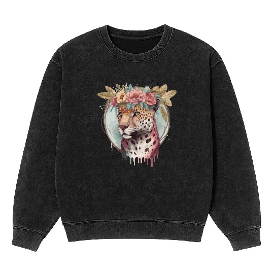 Flower Crown Jaguar Floral Animal Lovers Mineral Wash Sweatshirts