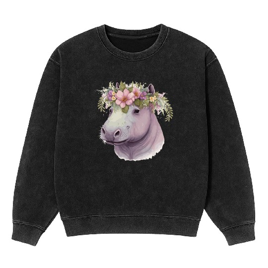 Watercolor Hippotamus Flower Crown Floral Pastel A Mineral Wash Sweatshirts