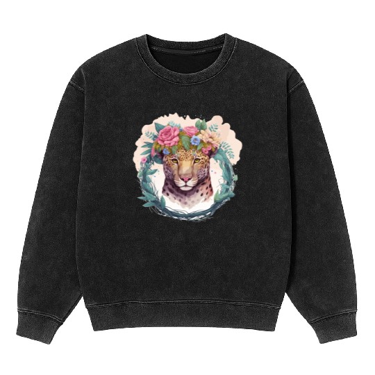 Jaguar Flower Crown Floral Watercolor Mineral Wash Sweatshirts