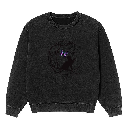Decorative Black Cat Silhouette With Butterflies Mineral Wash Sweatshirts