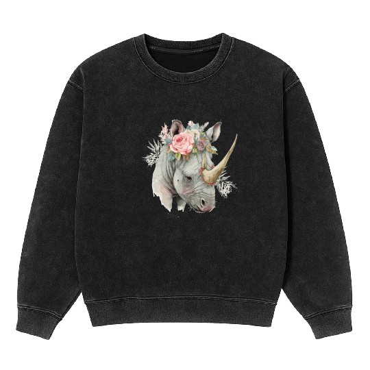African Watercolor Rhinozeros Flower Crown Safari Mineral Wash Sweatshirts