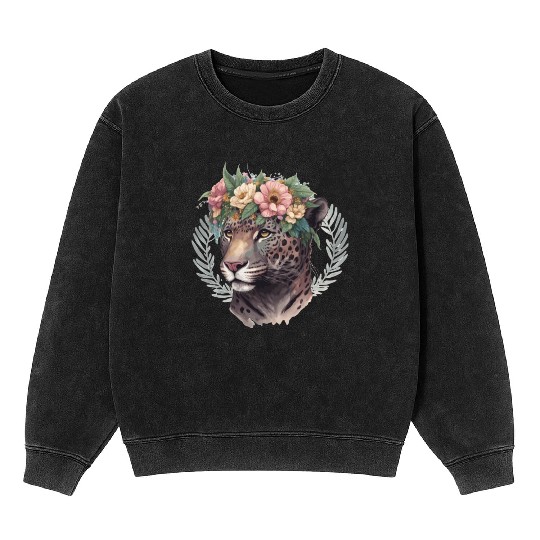 Watercolor Jaguar Flower Crown Wild Cat Lover Mineral Wash Sweatshirts