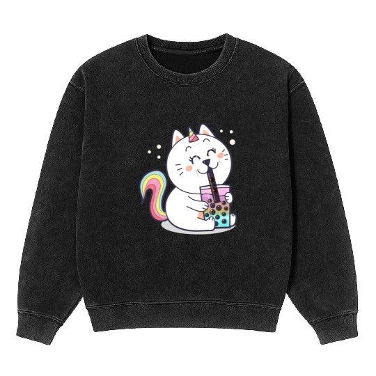 Bubble Tea Cute Kawaii Unicorn Cat Japanese Mineral Wash Sweatshirts