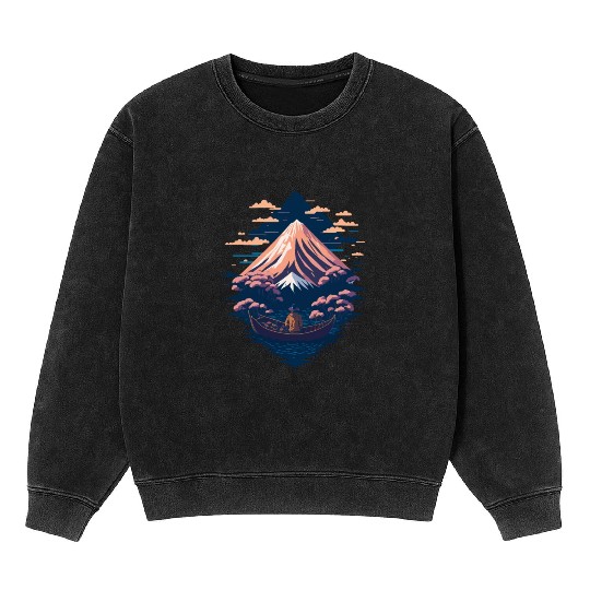 Serene Mount Fuji Sunset Peaceful River Scenery Mineral Wash Sweatshirts