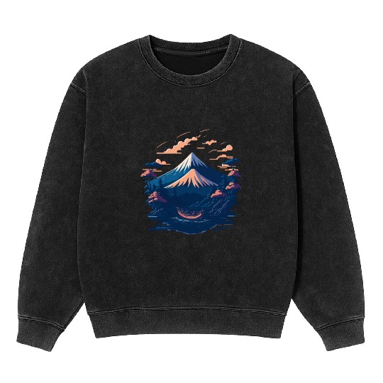 Serene Mount Fuji Sunset Peaceful River Scenery Mineral Wash Sweatshirts