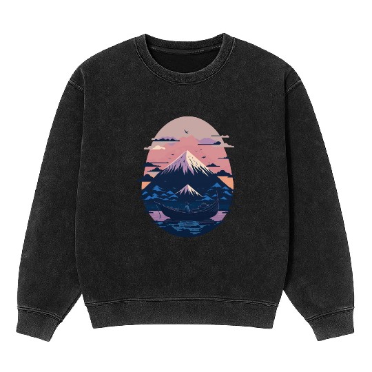 Serene Mount Fuji Sunset Peaceful River Scenery Mineral Wash Sweatshirts