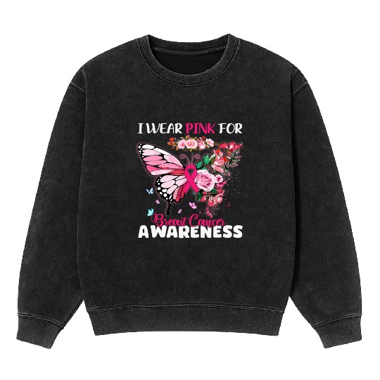 I Wear Pink For Breast Cancer Awareness Butterfly Mineral Wash Sweatshirts
