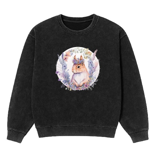 Cute Squirrel Flower Crown Animal Lovers Mineral Wash Sweatshirts