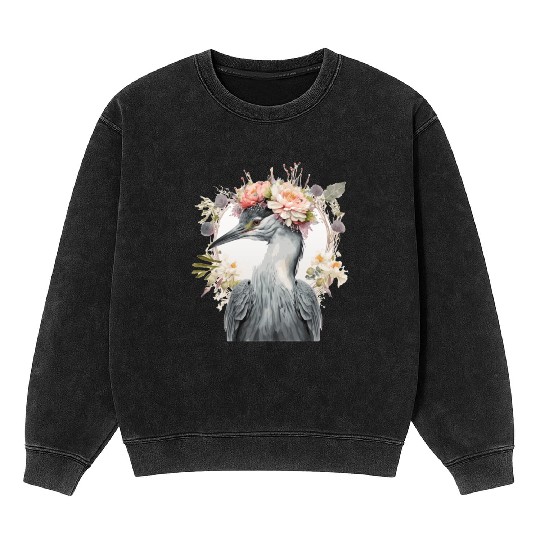 Watercolor Heron Freshwater Bird Flower Crown Flor Mineral Wash Sweatshirts