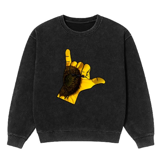 Shaka Hand On Yellow Sunflower Plant Mineral Wash Sweatshirts