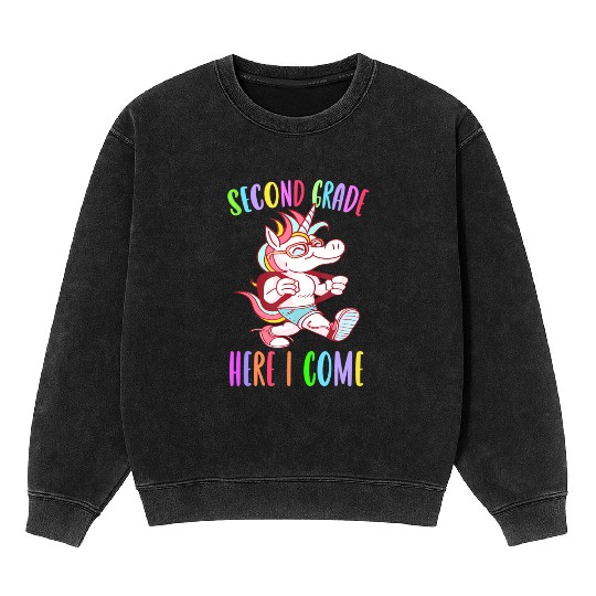 Second Grade Here I Come Unicorn Rainbow Back to S Mineral Wash Sweatshirts