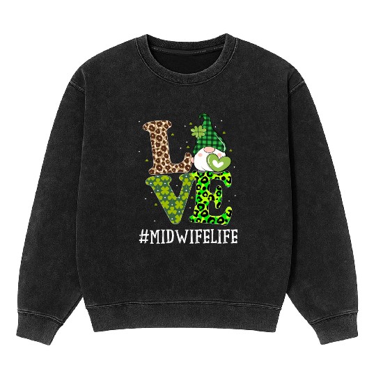 Midwife Love St PatricDay Gnome Leopard Mineral Wash Sweatshirts
