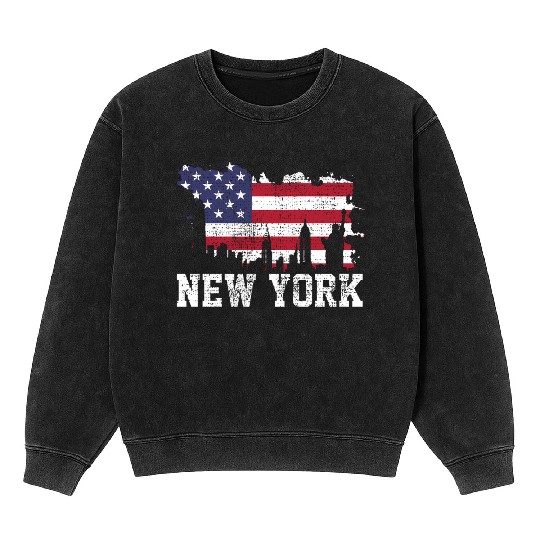 New York City Nyc Skyline Usa Flag America Mineral Wash Sweatshirts
