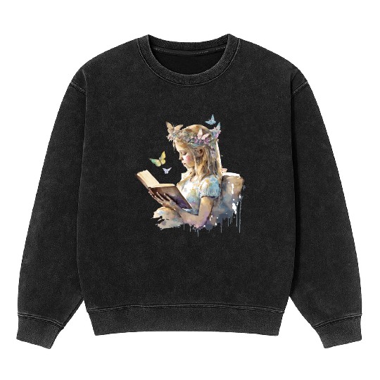 Cute Fairy Girl Librarian Cottagecore Butterfly Bo Mineral Wash Sweatshirts