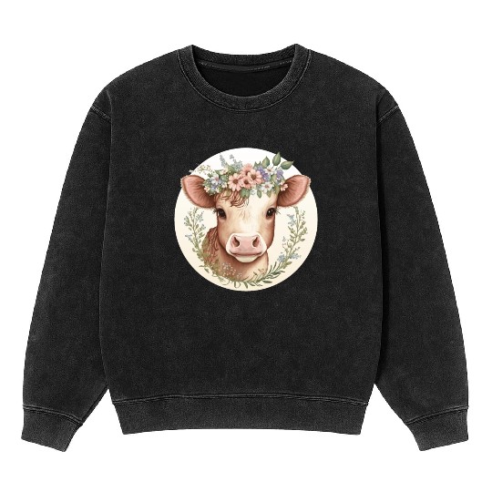 Cottagecore Cute Baby Cow Calf Floral Farm Animal Mineral Wash Sweatshirts