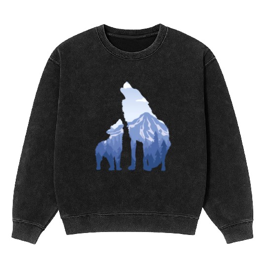 Wolf And Puppy Husky Mountains Nature Hiking Mineral Wash Sweatshirts