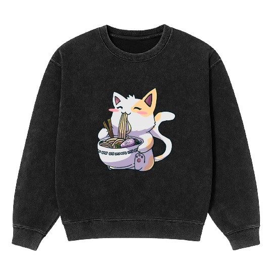 Ramen Cat Kawaii Anime Japanese Kawaii Neko Mineral Wash Sweatshirts