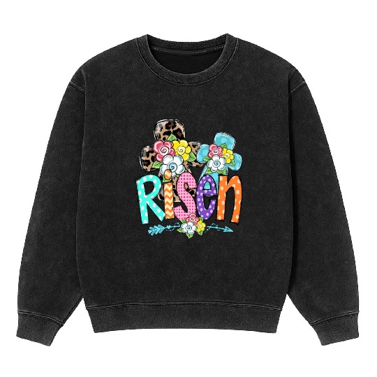 Happy Easter For Christian Mom He Is Risen Leopard Mineral Wash Sweatshirts