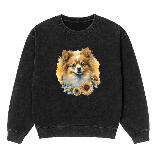 Cute Pomeranian Sunflower Dog Breed Pet Puppy Mineral Wash Sweatshirts