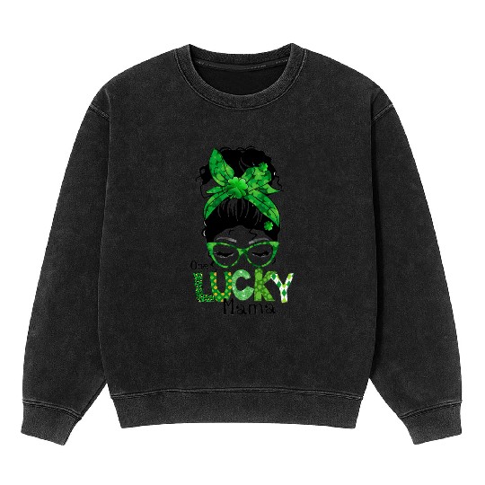 Lucky Mama Messy Bun Leopard Shamrock St Mineral Wash Sweatshirts