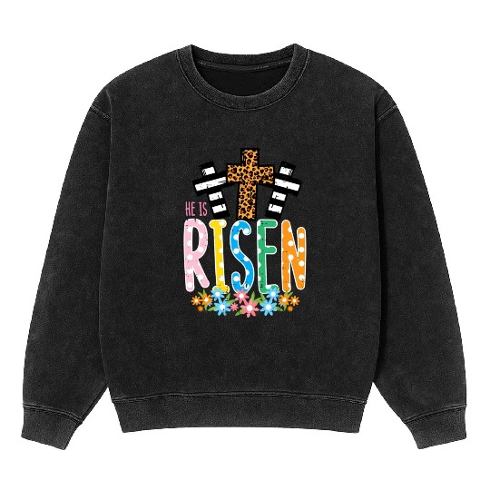 He Is Risen Leopard Cross Easter Jesus Religious Mineral Wash Sweatshirts