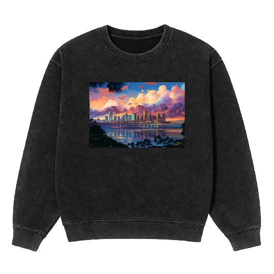 Anime Honolulu A Vibrant Anime Inspired Skyline Mineral Wash Sweatshirts