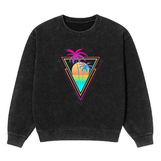 1980S 1990S Vaporwave Palm Trees Sunset Beach Surf Mineral Wash Sweatshirts
